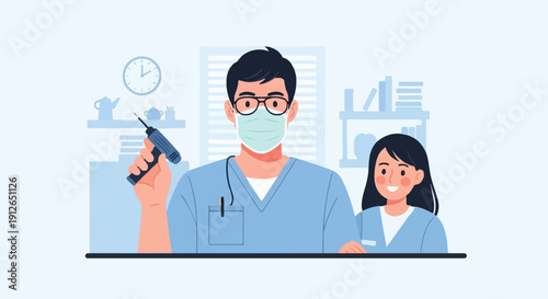 Two medical professionals in light blue scrubs, one with a mask, holding a tool