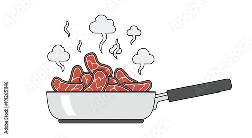 Sizzling raw meat pieces actively cooking in a hot pan producing visible steam, showcasing a fundamental culinary process for preparing delicious