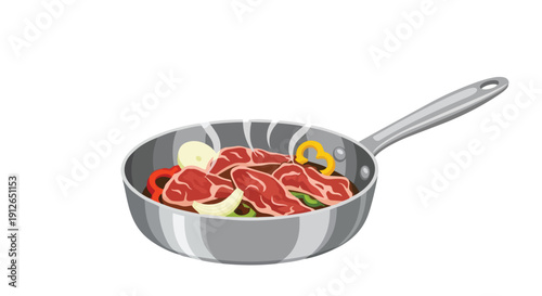 Sizzling beef and fresh vibrant vegetables cooking in a hot kitchen pan creating a delicious meal