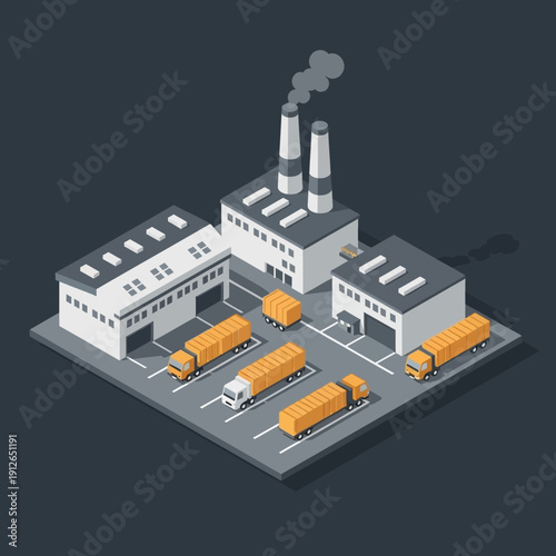 Isometric illustration of an industrial factory with trucks and smokestacks.