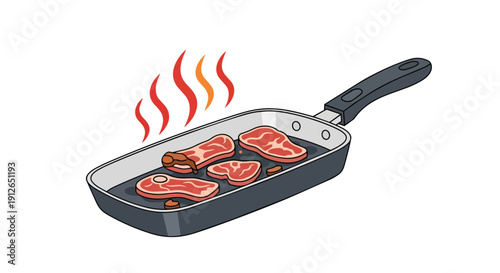An inviting illustration depicting fresh cuts of succulent raw meat actively sizzling in a hot frying pan creating a delicious aroma during kitchen