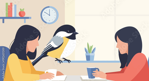 Two women drink coffee indoors with a bird perched nearby