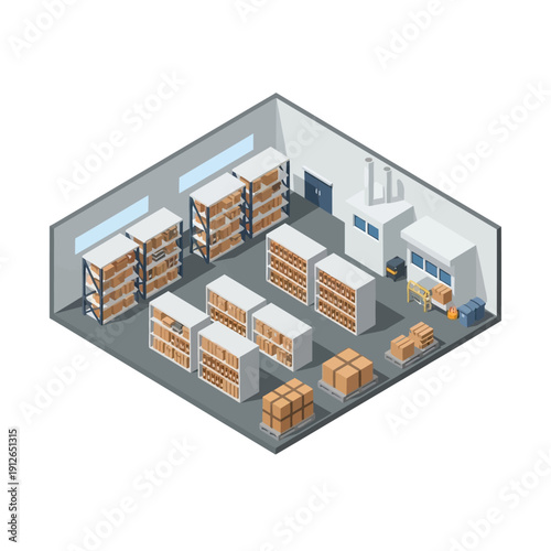 Warehouse Storage Facility with Shelves and Crates.