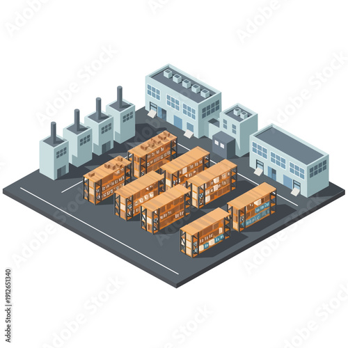 Industrial facility with warehouses and manufacturing buildings.