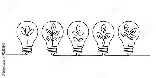 Continuous line drawing of five lightbulbs with growing plants inside on white background. Vector, illustration