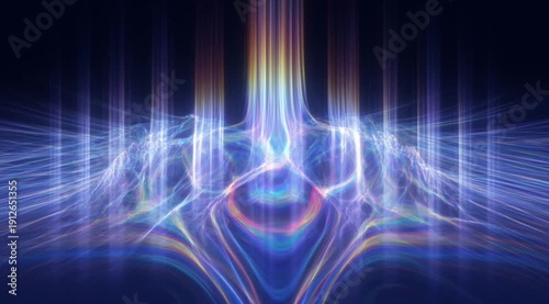 Pulsating digital landscape with blue light beams Psychedelic iridescent holographic energy flowing