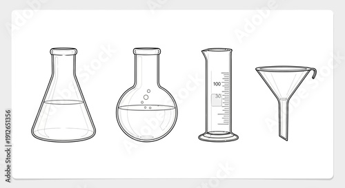 Laboratory glassware: Erlenmeyer flask, round-bottom flask, graduated cylinder, funnel