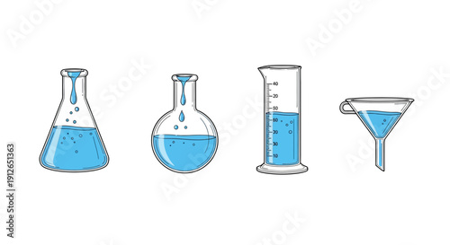 Laboratory glassware with blue liquid, science experiment equipment, chemistry research tools