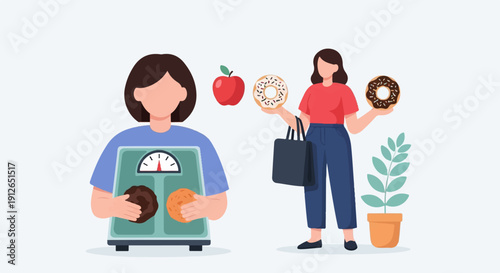 Two people, one on a scale with food, the other with donuts