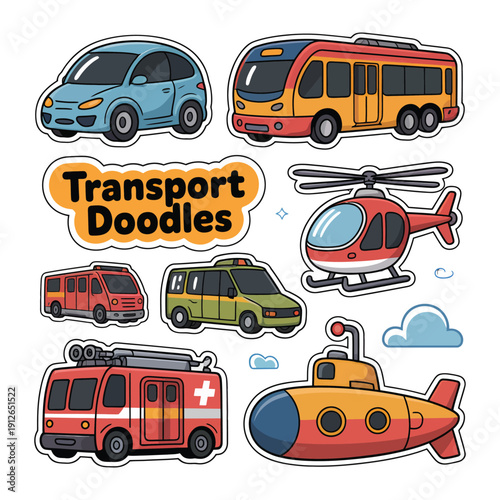 Transport Doodle Collection: A vibrant compilation of various transport doodles, each intricately designed, showcasing an array of vehicles from cars to submarines. Perfect for educational resources.