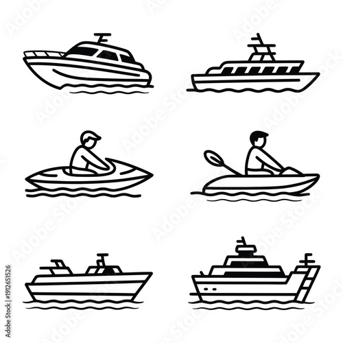Boats and Watercraft Icon Set: A comprehensive collection of simplified line art icons showcasing various watercraft, each elegantly designed for easy recognition and versatile use.