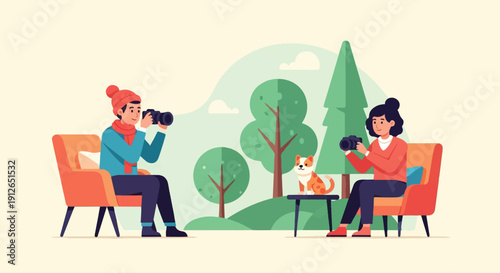 Two people photographing a dog outdoors in a park setting