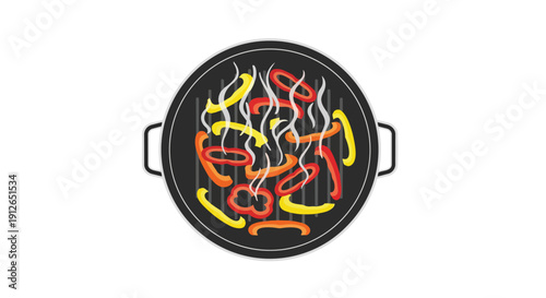 Colorful bell peppers sizzling on a grill pan with rising steam