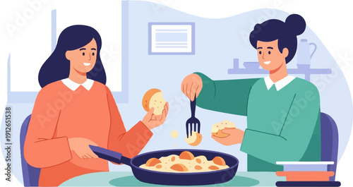 Two people preparing and eating food together in a bright kitchen