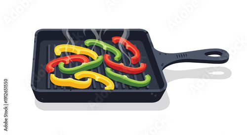 Cooking vibrant bell pepper strips on a sizzling grill pan, showcasing healthy stir-fry ingredients