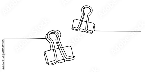 Continuous line drawing of two office binder clips isolated on a white background. Vector, illustration
