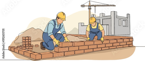 Two workers build a brick wall with a crane and structure in background