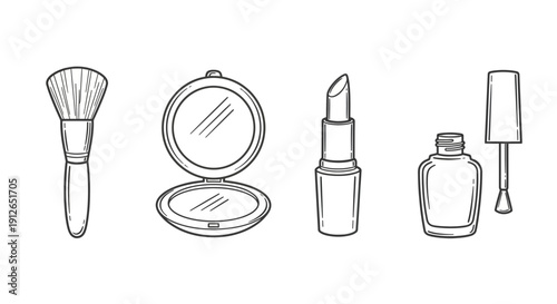 Hand-drawn Makeup Icons: Brush, Compact Mirror, Lipstick, Nail Polish Bottle