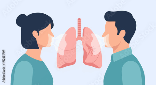 Two profiles sharing air, centered on lungs, representing respiration