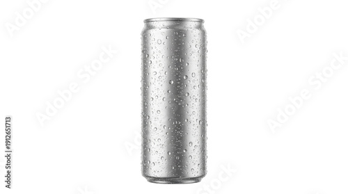 Cold aluminum slim beverage can mockup with condensation and water drops, isolated object ready for branding. Transparent background, PNG cutout.