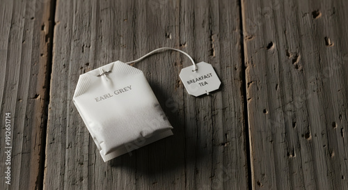 A single white teabag with a label, resting on a rustic wooden table, ready for brewing hot tea.