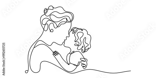 Single line drawing of a mother holding her young child in a loving embrace on white background. Vector, illustration