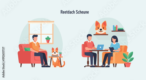 Two people and dogs in cozy home interiors with plants and books