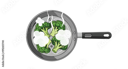 Healthy green broccoli florets steaming in a pan on a stove top, preparing nutritious meals at home.