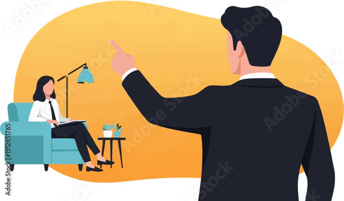 Two professionals in a consultation, one actively pointing forward