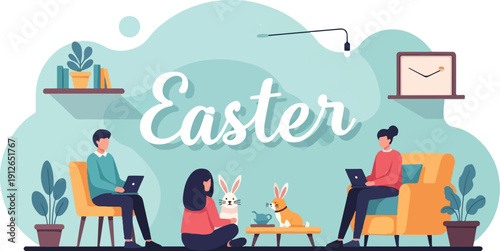 Two people and rabbits enjoying Easter at home, with books and plants