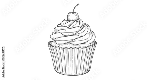 Hand-drawn sketch of a cupcake with frosting and cherry on top, isolated on white background