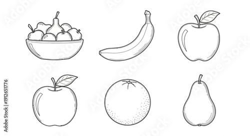 Hand-drawn sketch of assorted fruits: apples, banana, pear, orange, and bowl of fruits.