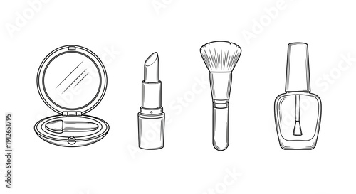 Hand-drawn sketch of makeup essentials: compact mirror, lipstick, brush, and nail polish bottle.