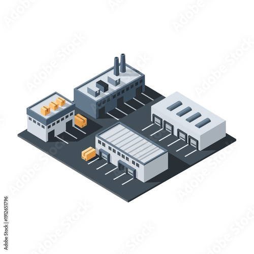 Isometric illustration of an industrial complex with various buildings and vehicles.