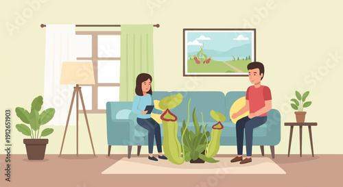 Two people relax in a living room with pitcher plants