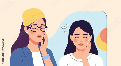 Two women express distress, one wearing glasses and a hat, the other sweating