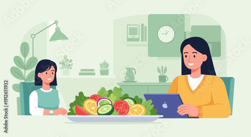 Two smiling women at a table with a large salad and a laptop