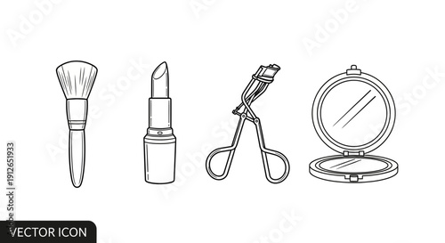 Hand-drawn vector icons of makeup essentials: lipstick, brush, curler, and compact mirror
