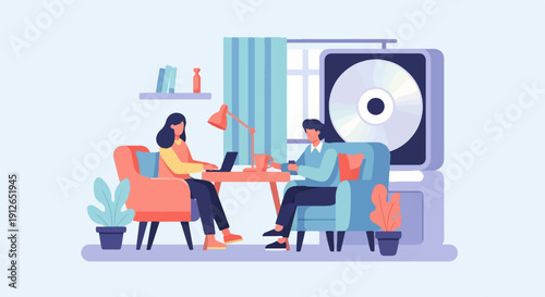 Two people relax in a room with plants, a laptop, and a large CD