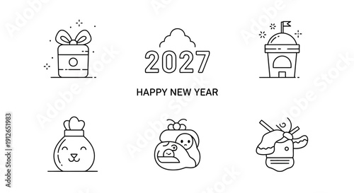 Happy New Year 2027 Icons: Gift, Bag, Dog, Samurai Helmet, Building, Celebration