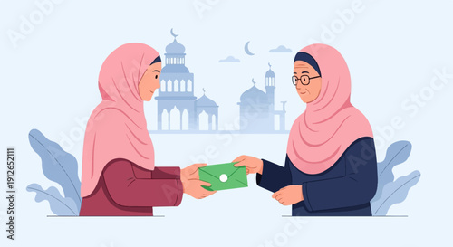 Two women in hijabs exchange a green envelope with a mosque in the background