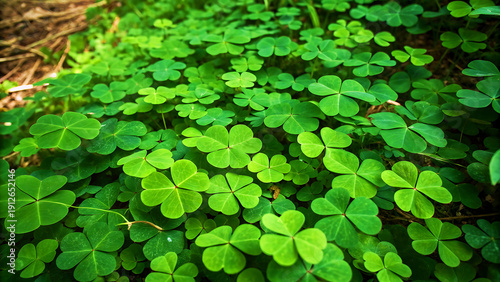 Lush green clover leaves covering forest floor in natural sunlight with fresh growth texture