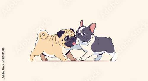 Two playful cartoon dogs, a pug and a French bulldog, interact closely