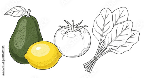 Fresh Avocado, Lemon, Tomato, and Spinach Bunch - Healthy Ingredients