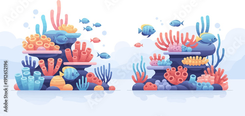 Two pixelated coral reef scenes with vibrant fish and colorful underwater flora