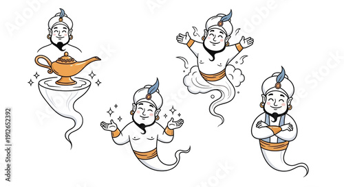 Genie Characters Set: Magic Lamp, Wishes, Arabian Nights, Fantasy