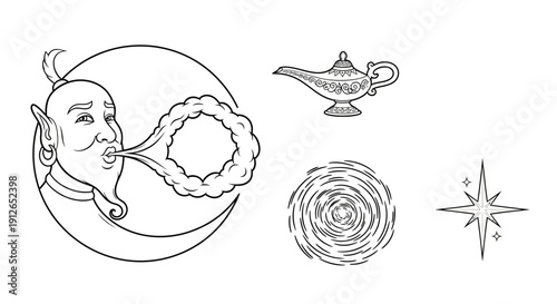 Genie Emerging from Crescent Moon, Magic Lamp, Swirl, and Starburst