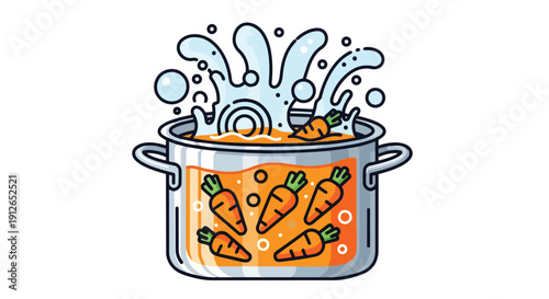 Vibrant graphic art shows fresh carrots in a boiling pot with a splash. It represents healthy cooking, nutritious food preparation, and wholesome