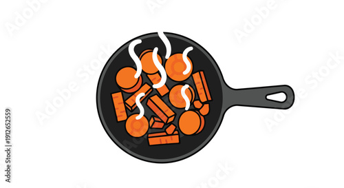 Freshly sliced orange carrots sizzling gently in a dark cooking pan with visible steam rising, illustrating a healthy culinary preparation process