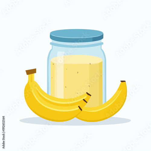Illustration of banana fruit with jar of puree on plain background